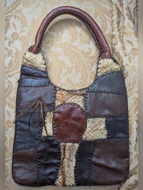 Vintage Handmade Leather Patchwork Purse Inner Security Pocket Snap Closure